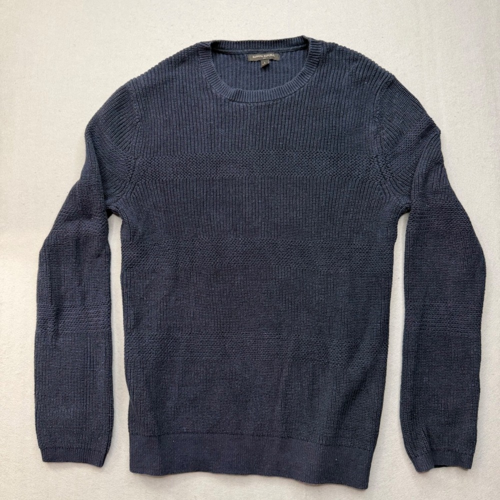 Banana Republic Mens Large Crewneck Sweater Navy Blue 100% Cotton Textured Knit